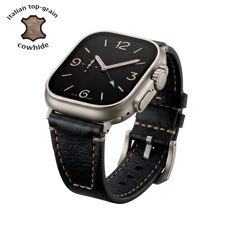 Vintage Crazy Horse Leather Strap Compatible with Apple Watch, Retro Plain Business Men's Watch Accessory