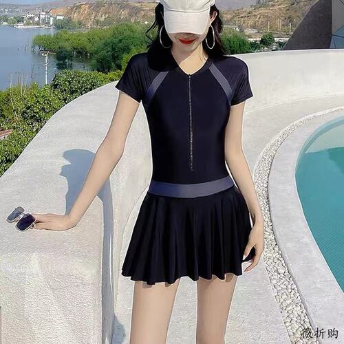 Stitch Color Block One-Piece Swimsuit for Women 2024 Fashion Viral Dress Style Conservative Student Style Belly Covering Slimming Sunscreen Swimsuit