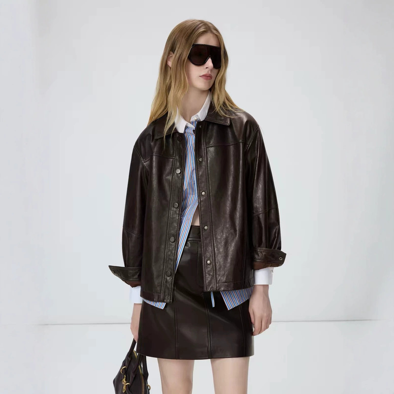 European-style brown leather jacket for women, autumn 2026 new collection, retro and trendy, short leather jacket with a high-end feel, made from imported lambskin European-style brown leather jacket for women, autumn 2026 new collection, retro and trendy, short leather jacket with a high-end feel, made from imported lambskin