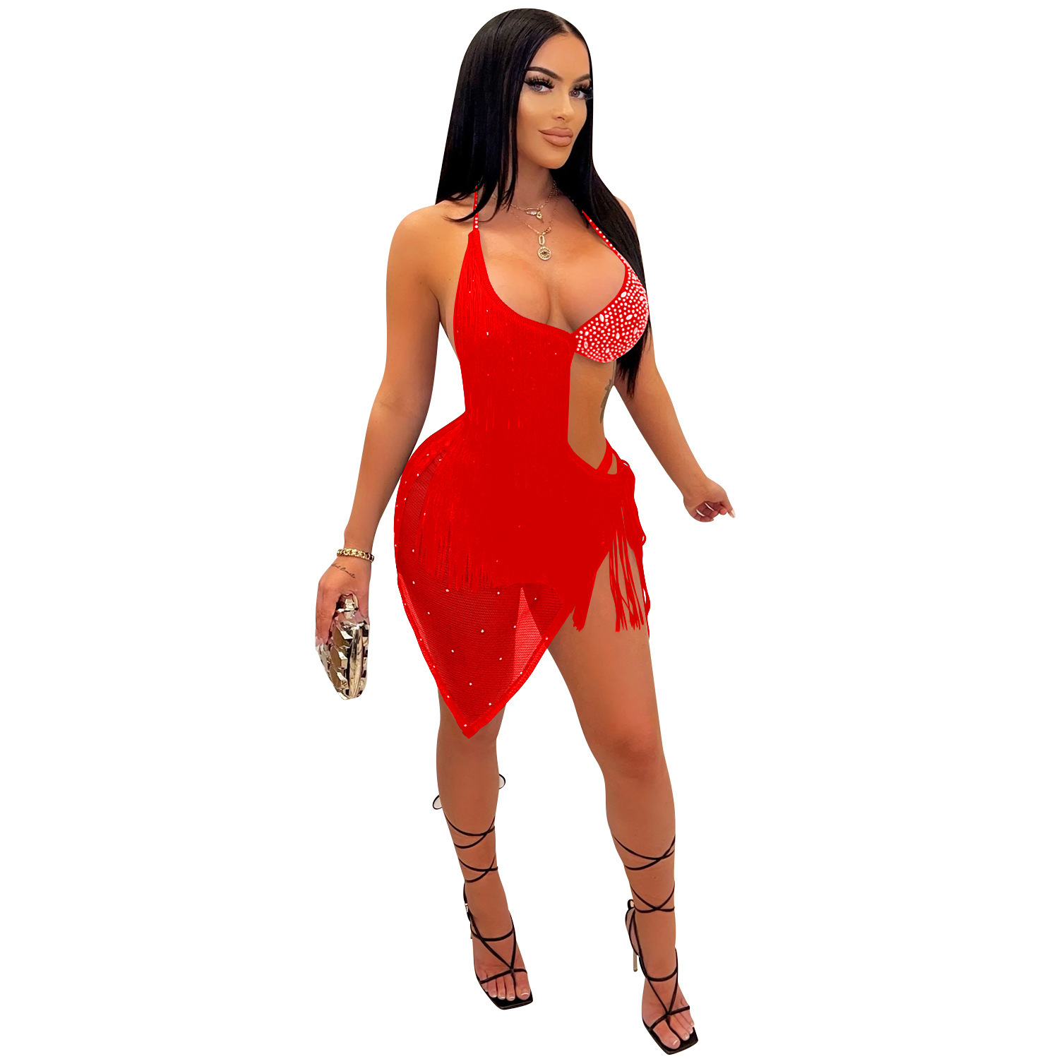 C575 transfronteriza AliExpress Amazon moda europea y americana discoteca sexy Correa rhinestone borla vestido ropa de mujer image 6