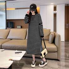 实拍 经典黑白条纹长袖针织裙设计感宽松减龄休闲百搭过膝连衣裙