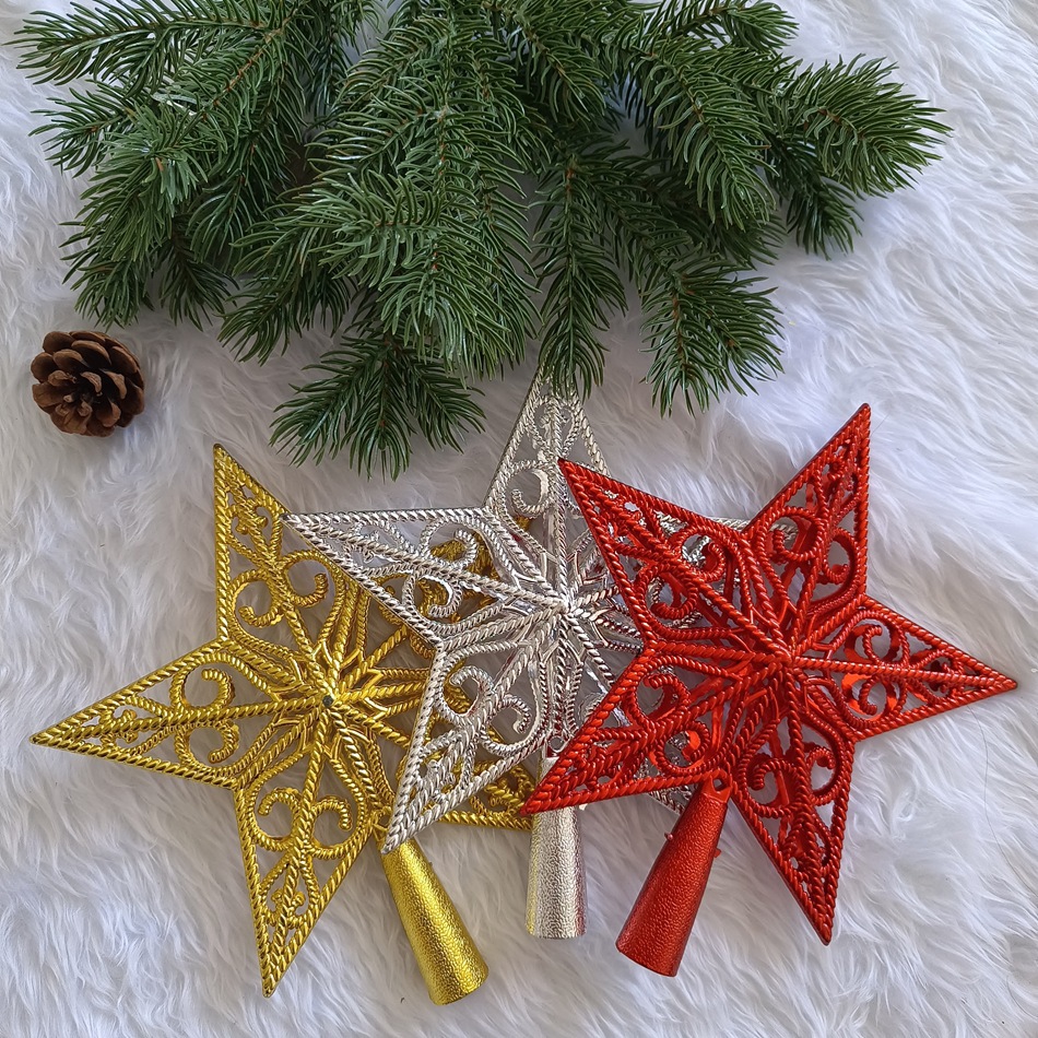 Estrella de cinco puntas brillante de plástico para la cima del árbol, adornos y colgantes navideños pequeños