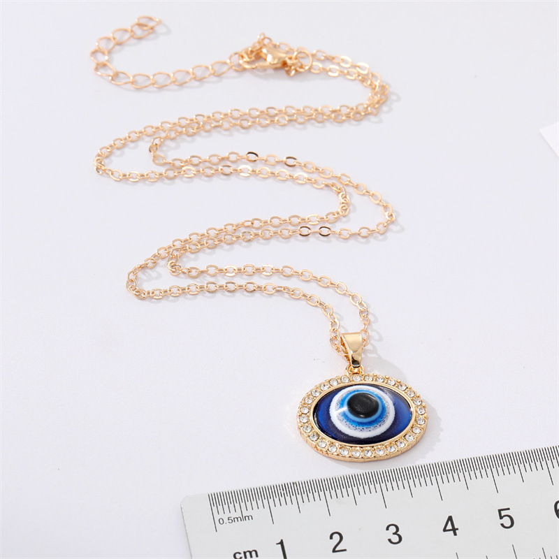retro simple rhinestone oval eye necklace blue Turkish devil eye clavicle chain