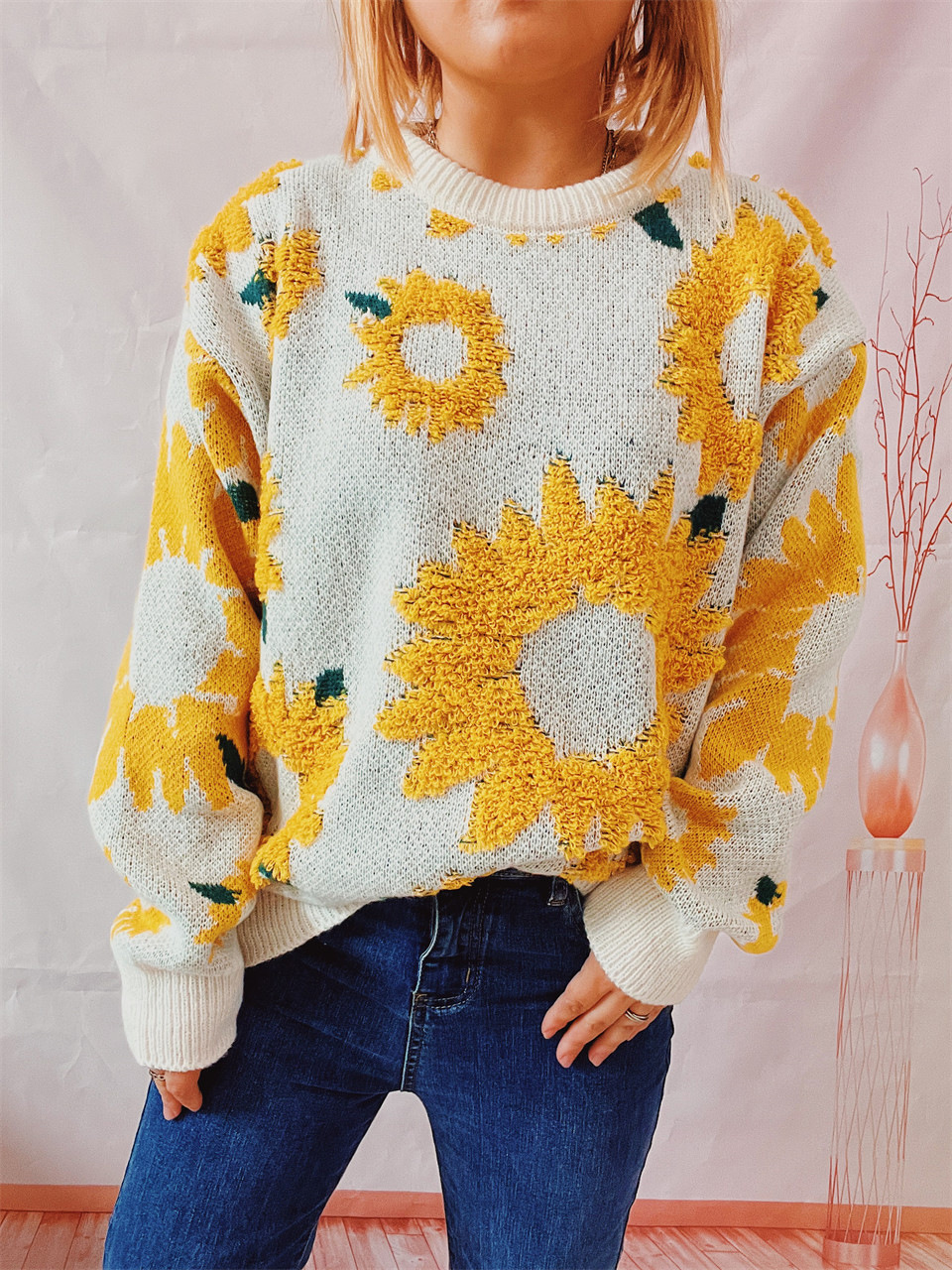 Women's Sunflower Jacquard Knitted Pullover Sweater For Winter_voghion.com