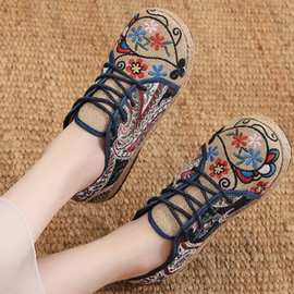 春秋民族风老北绣花鞋女鞋子系带文艺亚麻休闲鞋女棉麻布鞋