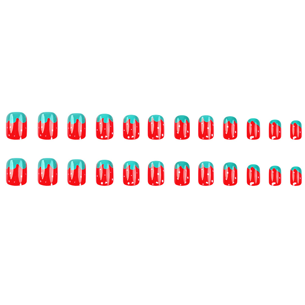Corto con uñas de uñas blancas y rojas, pegatinas de uñas de fresa dulces y lindas, uñas de vestir terminadas calientes transfronterizas image 6
