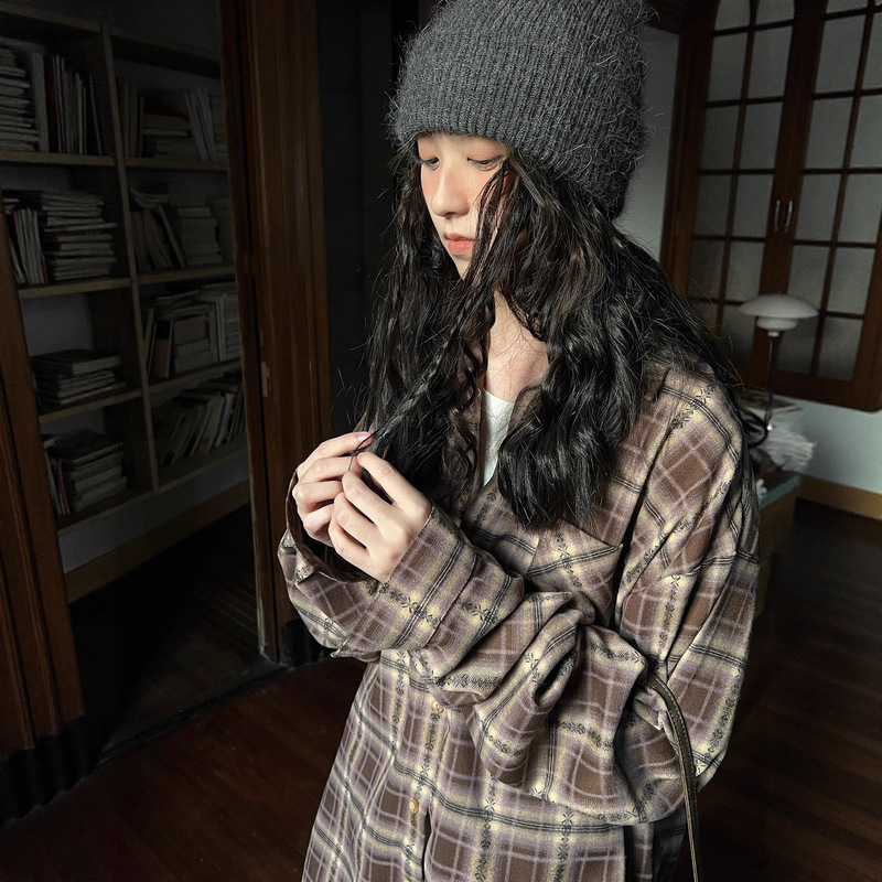 POXFFEE/【棕紫色】美拉德格子衬衫女秋季新款复古衬衣上衣|undefined