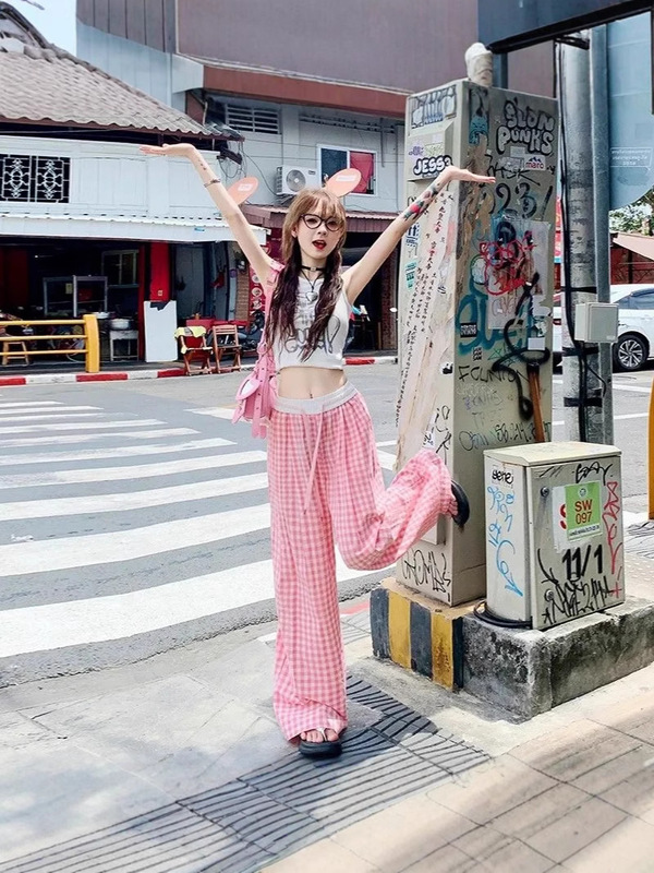 ピンクの格子柄ワイドパンツ レディース 夏 薄手 ゆったり カジュアル ストレート ドレープ ロングパンツ ハイウエスト 着痩せ効果|undefined