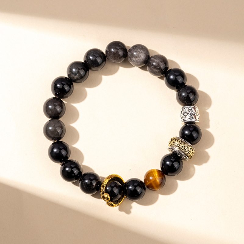 [Black Myth Wukong] Silver Obsidian Bracelet Male Natural Stone Bracelet Wen Play Buddha Beads Beaded Jewelry Wholesale Jewelry