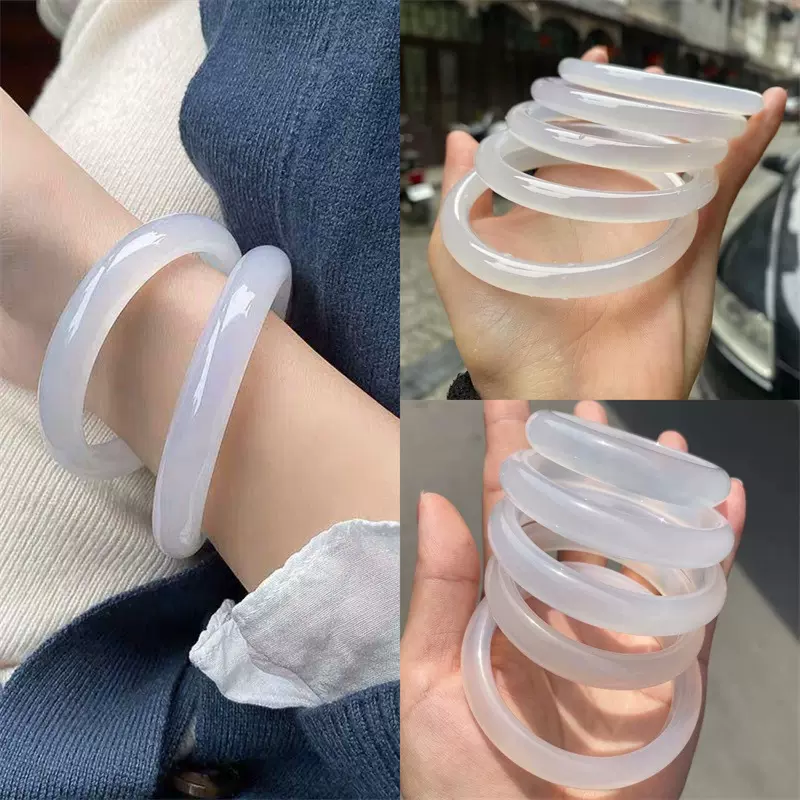 巴西冰种白玉髓手镯周大生白月光美人圆条冰透玛瑙镯子直播货源