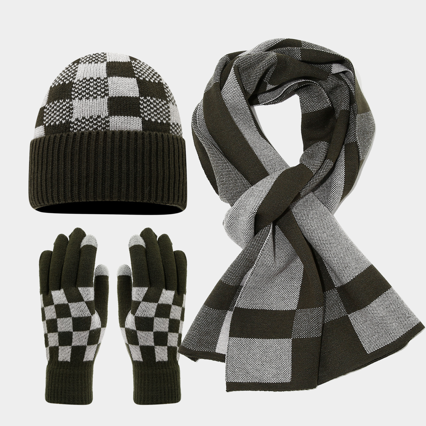 Tablero de ajedrez de malla de lana sombrero bufandas guantes set coreano invierno al aire libre para hombres y mujeres set de calor frío image 8