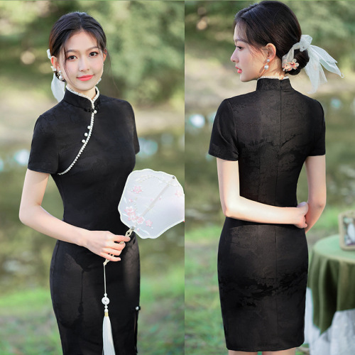 Girls female black elastic jacquard qipao model show photos retro chinese dress miss etiquette cheongsam dress sleeve dresses for women