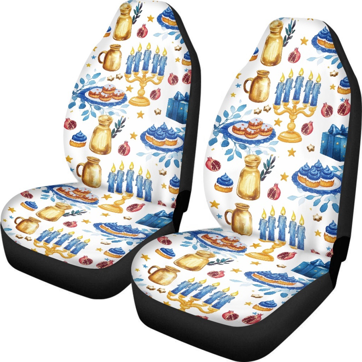 Amazon's best-selling car seat covers feature a Hanukkah candle print design and are custom-made with a non-slip backing. This set includes two pieces for the front seats