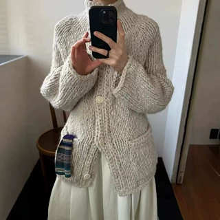 现货 秋冬南油新款高货韩版跨境手工棒针粗线针织休闲毛衣外套女