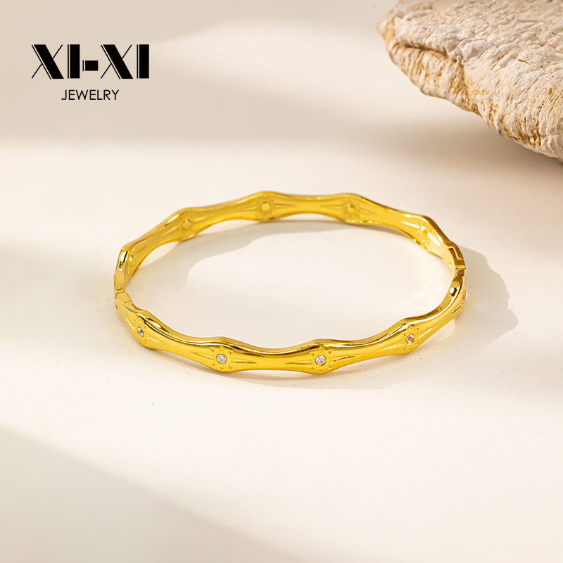 Titanium Steel Bamboo Shaped Micro Inlaid Bracelet Simple Light Luxury Trendy Stainless Steel Bangle Jewelry_voghion.com