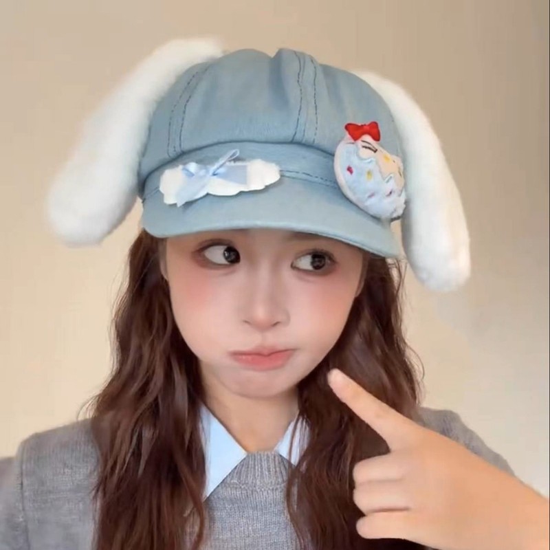 甜美可爱小猫毛绒耳朵百搭云朵八角帽子女贝雷帽显脸小画家帽秋冬|undefined