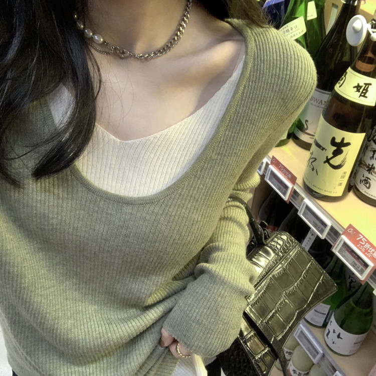 早秋V领假两件上衣不规则针织衫慵懒内搭打底毛衣别致小众上衣|undefined