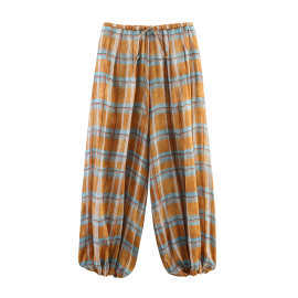 跨境欧美女装速卖通INS爆款时尚休闲苎麻格子灯笼裤