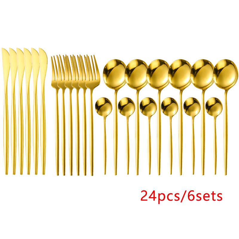 Stainless steel tableware 24 pieces suit bright Portuguese Western food Golden Knife fork spoon ins dessert spoon Fork