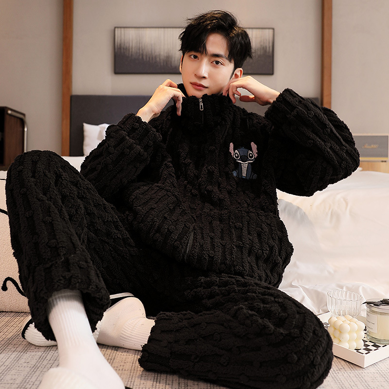Invierno nuevo simple color sólido hombre pijama casual relajado encantador dibujos animados ropa de casa de dos piezas set