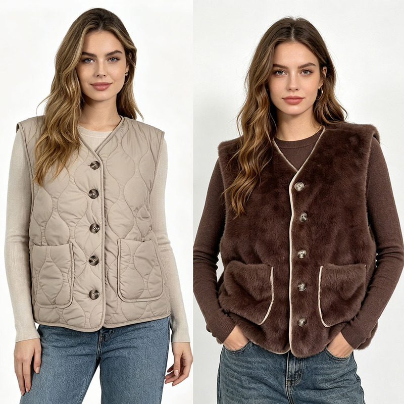 Autumn and Winter New Quilted Faux Rabbit Fur Warm Sleeveless Vest with Large Pockets for Women, Practical Reversible Design Vest Jacket Autumn and Winter New Quilted Faux Rabbit Fur Warm Sleeveless Vest with Large Pockets for Women, Practical Reversible Design Vest Jacket