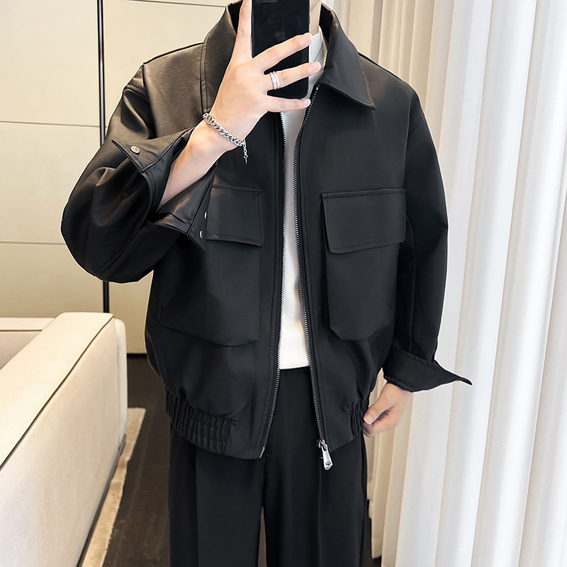 가을과 겨울 새로운 남성 하이 퀄리티 러피 잘 생긴 패션 트렌드 레저 오토바이 스타일 옷깃 가죽 코트 두꺼운 코트