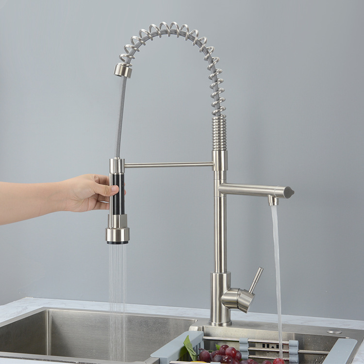 Brushed Spring Stainless Steel Hot and Cold Kitchen Faucet with Pull-Down Retractable Sink Faucet, Includes Vat Invoice