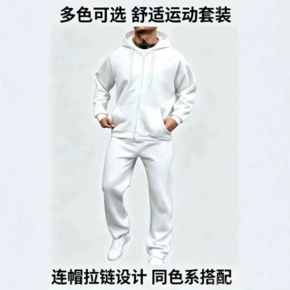 跨境男士经典时尚休闲运动宽松抓绒拉链套装连帽卫衣直通裤两件套