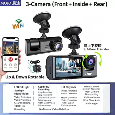 lens, WiFi connectivity for mobile – Driving recorder - front-inside-and-rear-car-camera-with-wifi