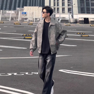 cleanfit Grey Short Leather Jacket Men's Coat Autumn and Winter High-end American Style Retro Lapel Motorcycle Leather Jacket