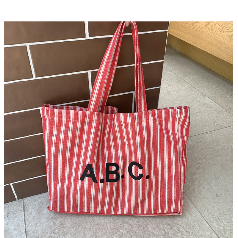 Practical Shopping Bag Japanese and Korean Letter Vertical Stripe Thick Canvas Bag Single Shoulder Hand Tote Bag Crude Linen Couple Bag Women