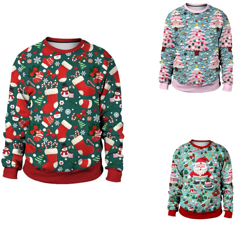 Christmas Couple Sweatshirt Autumn Pink Christmas Tree Red Socks Santa Claus Cos Print Casual Round Neck Top