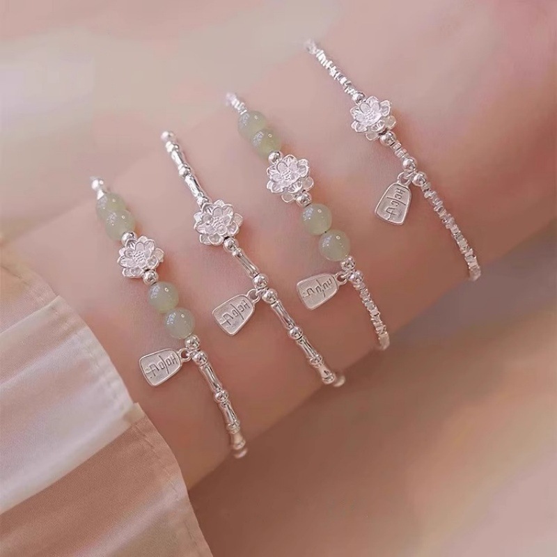 蓮花和田玉碎銀子手鍊竹節新中式國風古風手串女生閨蜜玉石手飾品