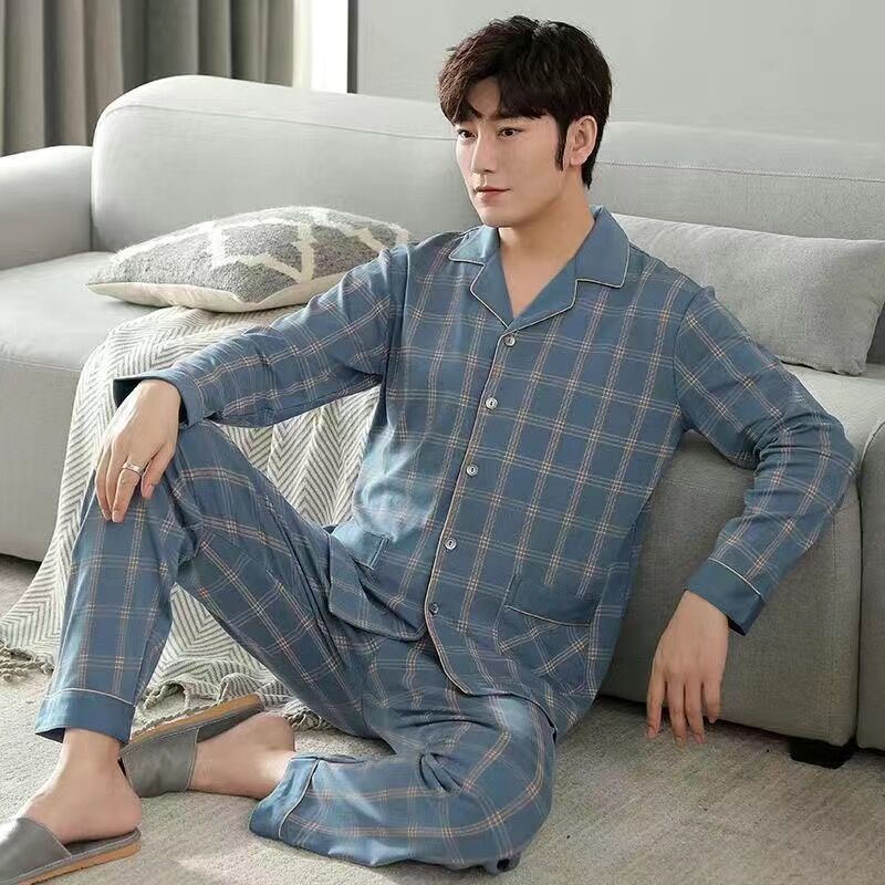Pijama de hombre primavera y otoño algodón cardigan de manga larga juventud de mediana edad grande se puede usar en el exterior conjunto de ropa de casa