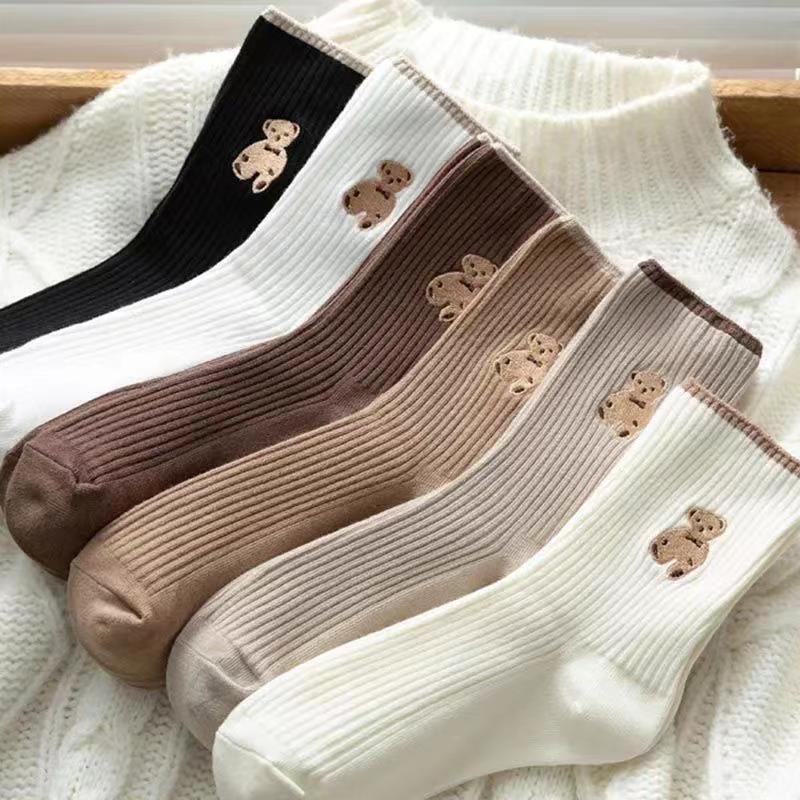 Socks Cotton Bear Slouch Socks Women's Korean Style Mid-Calf Polyester Cotton Anti-Odor Long Socks Sweat-Absorbent and Warm