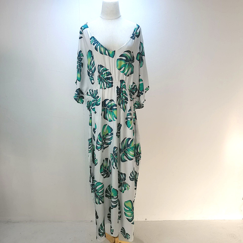 1d64 Europa y América imitación rayón impreso playa blusa sexy más tamaño vacaciones protección solar camisa bikini cover up