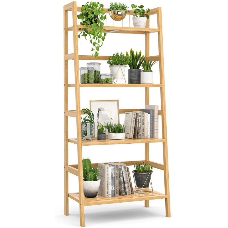 Бамбуковая книжная полка 4-этажная лестничная полка, отдельно стоящий открытый книжный шкаф для растений, подходит для домашнего офиса