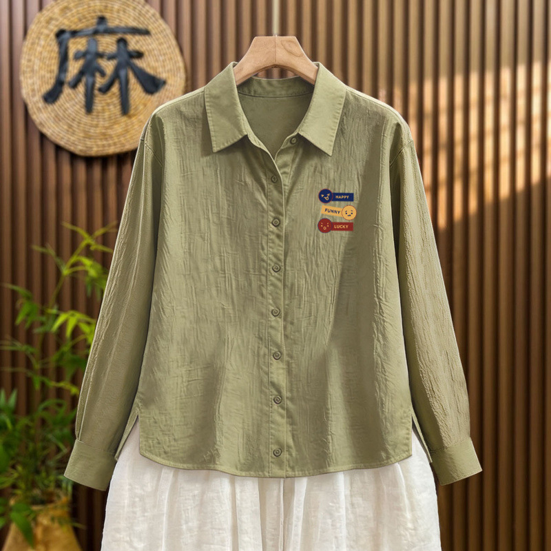 Stylish Polo collar printed cotton and linen retro slimming button-down ins-style long-sleeve shirt for women, thin and lightweight Stylish Polo collar printed cotton and linen retro slimming button-down ins-style long-sleeve shirt for women, thin and lightweight