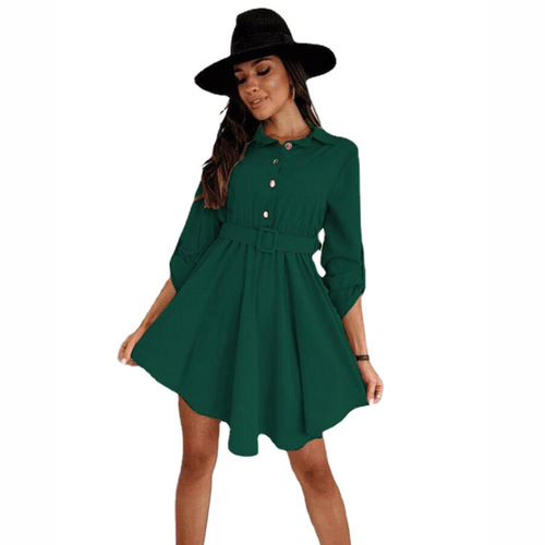 Wish Amazon 2024 Spring New Arrival European and American Style Color-Blocked Puff-Sleeved Waist-Slimming Shirt Long-Sleeved Solid-Color Dress