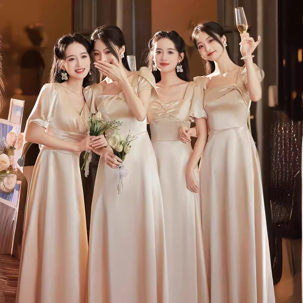 Bridesmaid Dress in Champagne Color, 2026 New Summer Style, Slimming Satin Gown for Sisters, High-End Student Performance Dress for Women