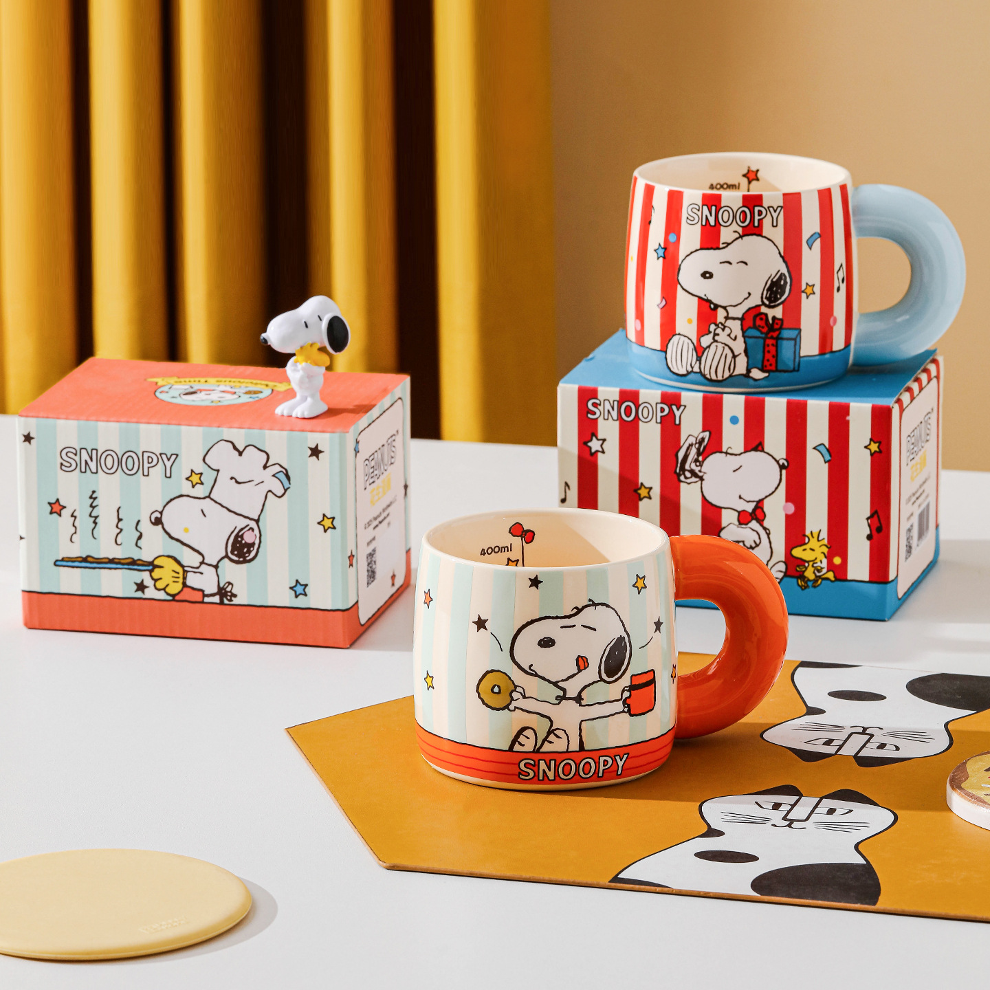 Snoopy autorizado serie de mano de gran mano de taza de cerámica de alto valor de cara a rayas de taza para pareja regalo de mano