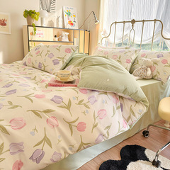 Seasonal All-Cotton Printed Bedding Set with Fresh and Natural Floral Design, Cotton Bed Skirt, Dormitory Three-Piece Set for Wholesale Distribution