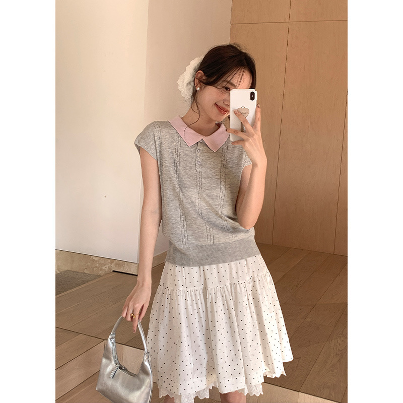 Yirie Shirt Miu Style Atmospheric Polo Collar Knitwear Women's Twist Slim Versatile Short-Sleeved Elegant 0341