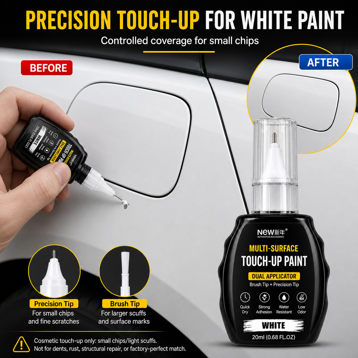 [Fisda] Car Touch-Up Paint Pen, White Car Paint Scratch Repair Liquid, Dual-Ended Fine Needle and Brush Tip, 20ml