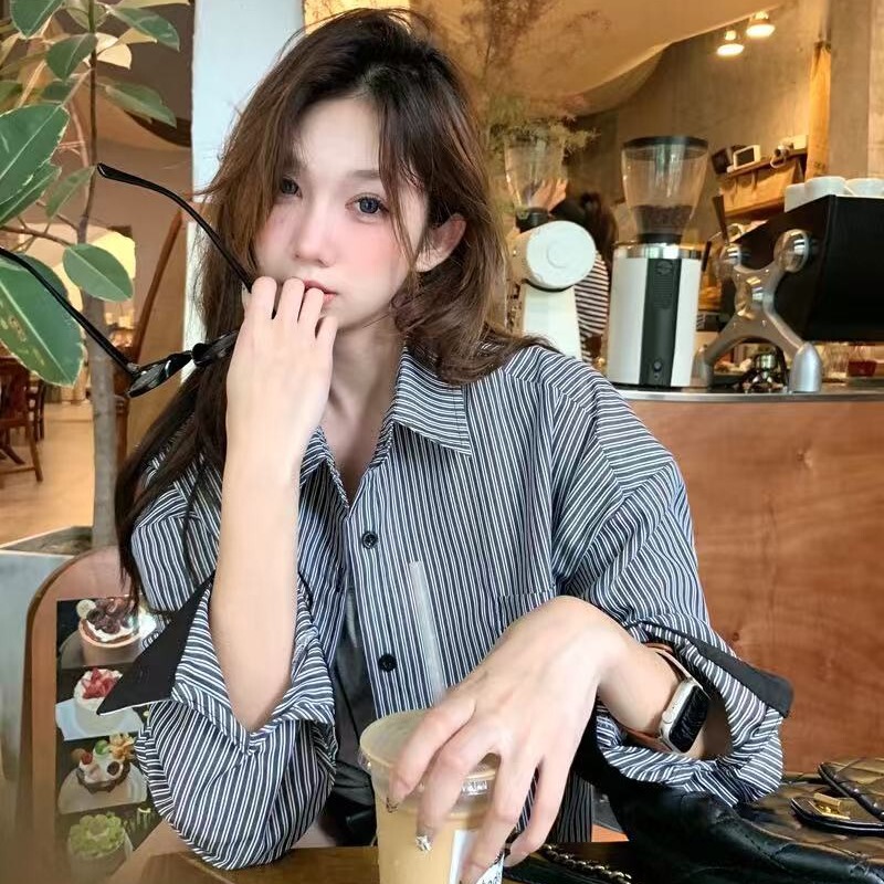 Vertical Striped Shirt Jacket Women's Autumn New Design Loose Shirt Korean Style Retro Long-Sleeved Top Vertical Striped Shirt Jacket Women's Autumn New Design Loose Shirt Korean Style Retro Long-Sleeved Top