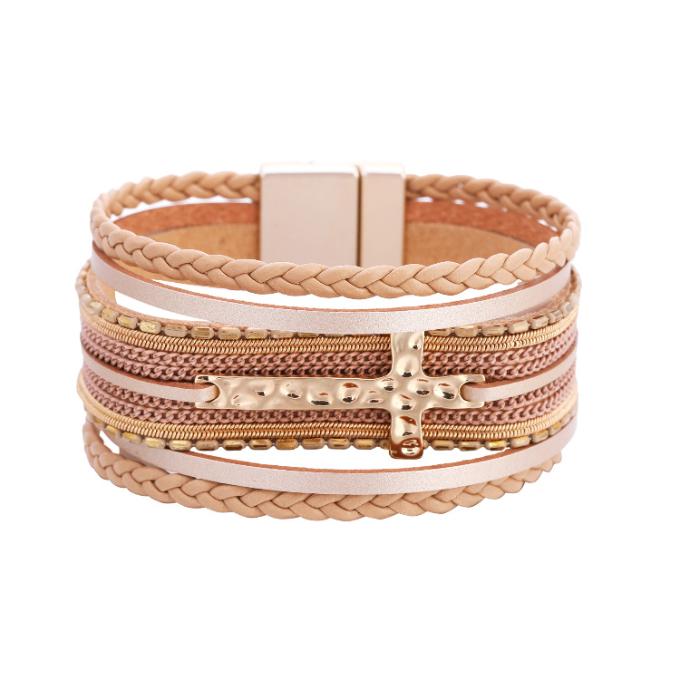 Bohemian Multi-layer Braided Cross Magnetic Buckle Bracelet display picture 13