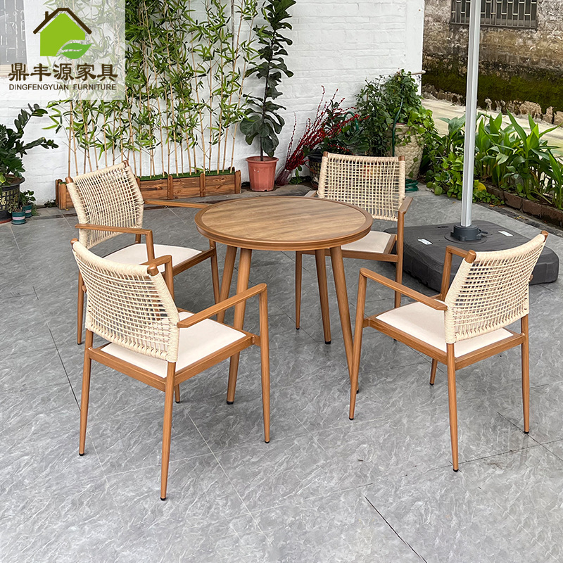 High-End Wood-Grain Rattan Chair Hpl Tabletop Table and Chair Set Outdoor Leisure Rattan Patio Combination