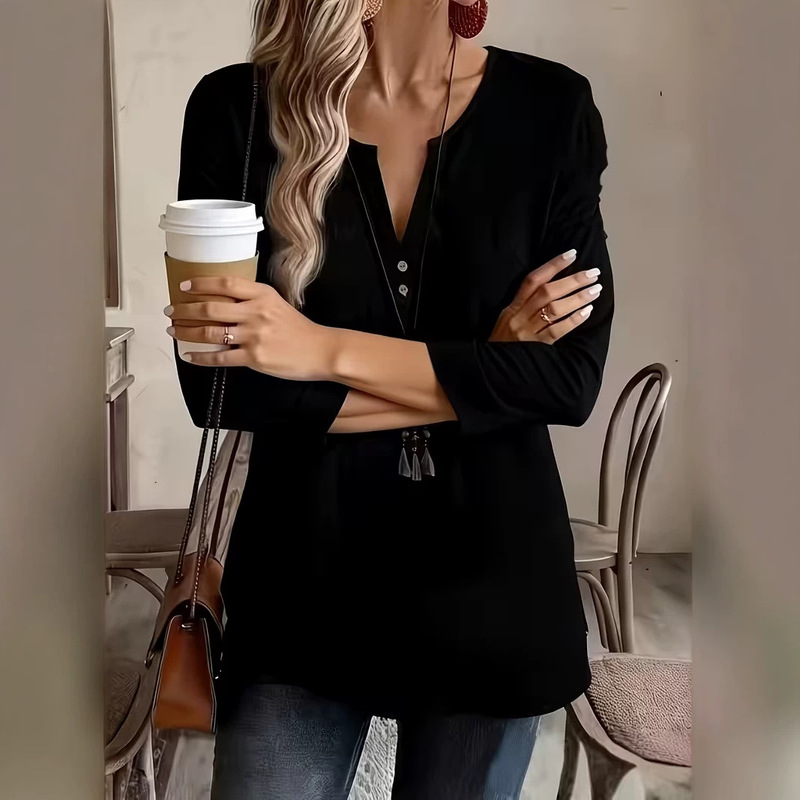 Amazon Aliexpress European and American Cross-Border Women's V-Neck Top with Three-Quarter Sleeve Design in Casual Style