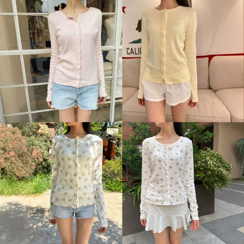 Bm Style New Pink Striped Hollow Lace Round Neck Long Sleeve Cardigan T-Shirt for Women, Versatile and Slimming Thin Jacket Bm Style New Pink Striped Hollow Lace Round Neck Long Sleeve Cardigan T-Shirt for Women, Versatile and Slimming Thin Jacket