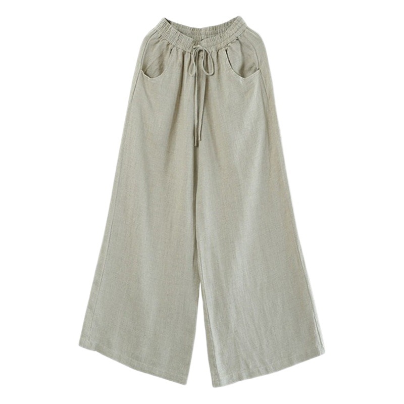 2025 春と秋の新ソリッドカラー文学レトロコットンとリネンカジュアルパンツハイウエストルーズフロアレングスストレートワイドレッグパンツ女性のための